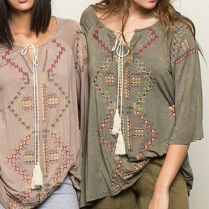 Olive Green Ethnic Embroidered Bohemian Top